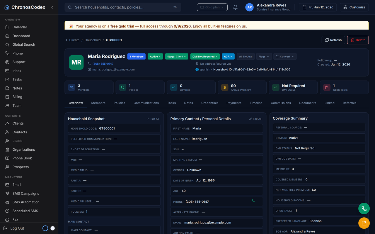 A household record: members, policies, and coverage (shown: ChronosCodex)