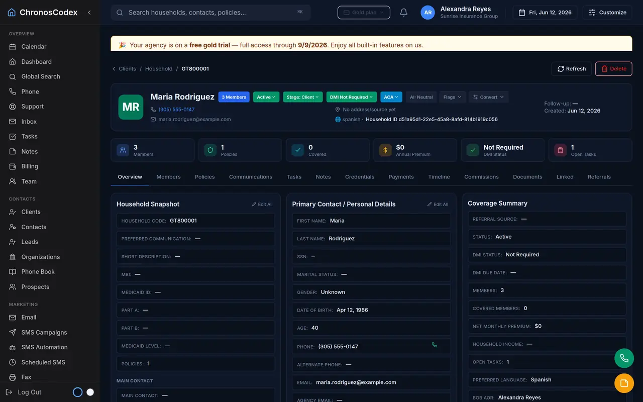 A household record in ChronosCodex: members, policies, and coverage (sample data)